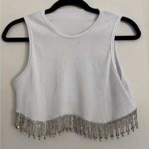 White Sleeveless Top with Silver Fringe
